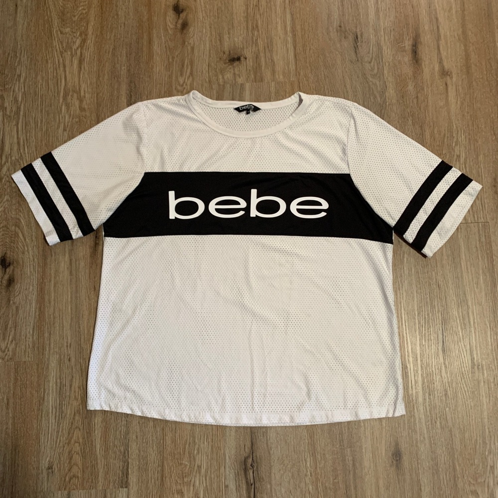 Bebe Sport baggy logo mesh jersey t-shirt in white - size XL womens